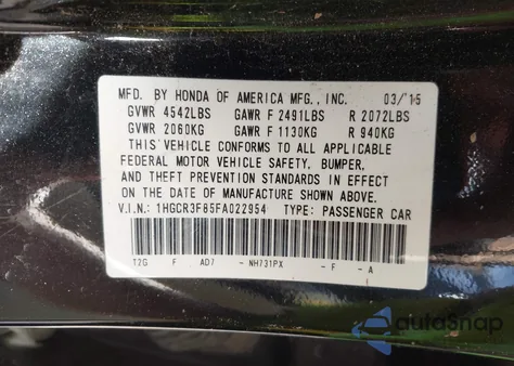 2015 Honda Accord Ex-L V-6 z USA, uszkodzony, nr VIN 1HGCR3F85FA022954